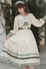 Beige Embroidered Large Lapel Collar Long Sleeves High Waisted Long Sweet Lolita OP Dress - Product - 2