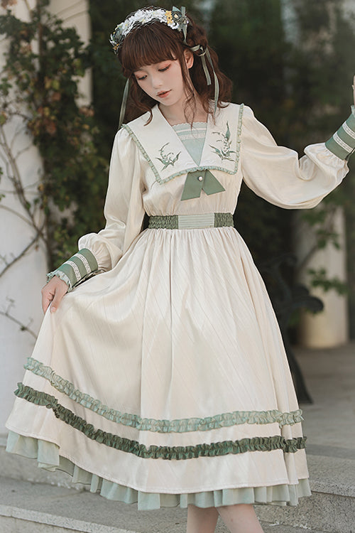 Beige Embroidered Large Lapel Collar Long Sleeves High Waisted Long Sweet Lolita OP Dress - Product - 2