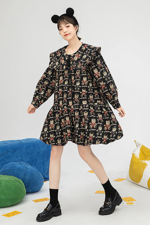 Black Doll Collar Bear Print Puff Sleeves Ruffled Sweet Lolita OP Dress - Product - 4