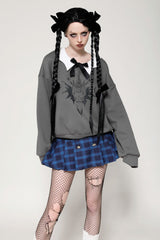 Grey Bowknot Peter Pan Collar Long Sleeves Bat Women's College Style Sweatshirt - Product - 8