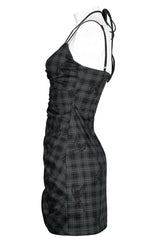 Grey Knitted Stretch Hollow-Carved Design Drawstring Bodycon Shoulder Strap Halter Neck Women's Punk Dress - Product - 6