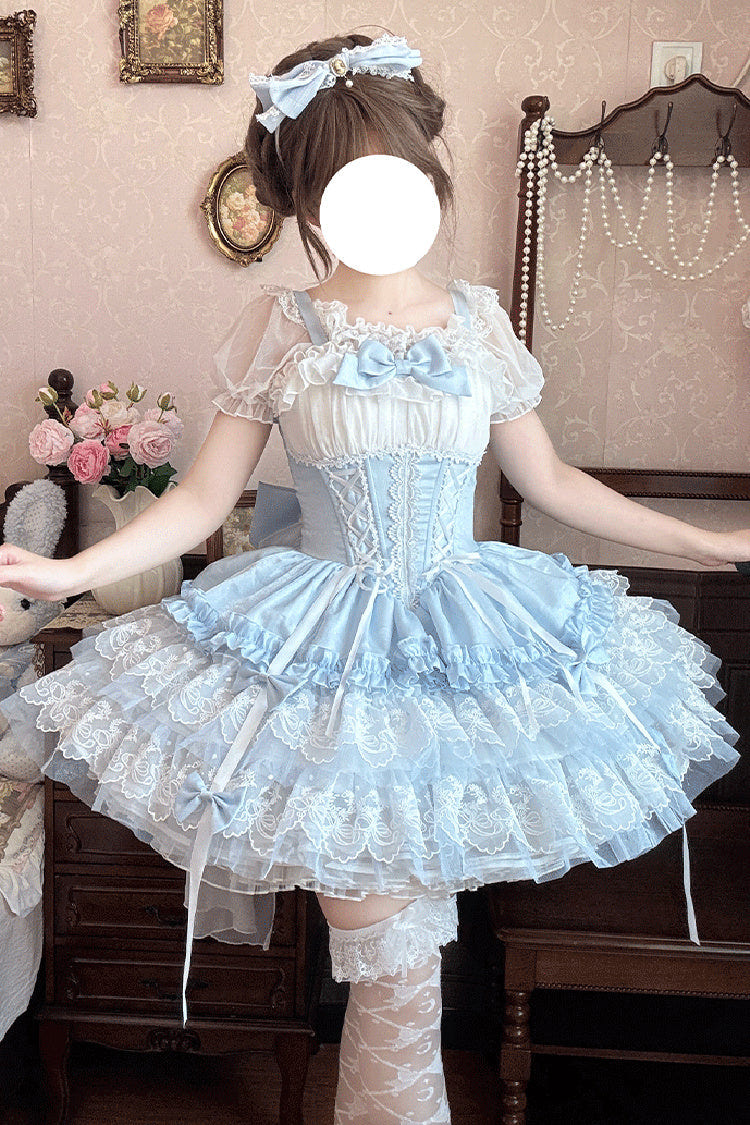 Blue [Dance of Time] Sleeveless Triple-Layered Ruffle Bowknot Lace Lace-Up Sweet Ballet Lolita Jsk Dress - Blue - 1