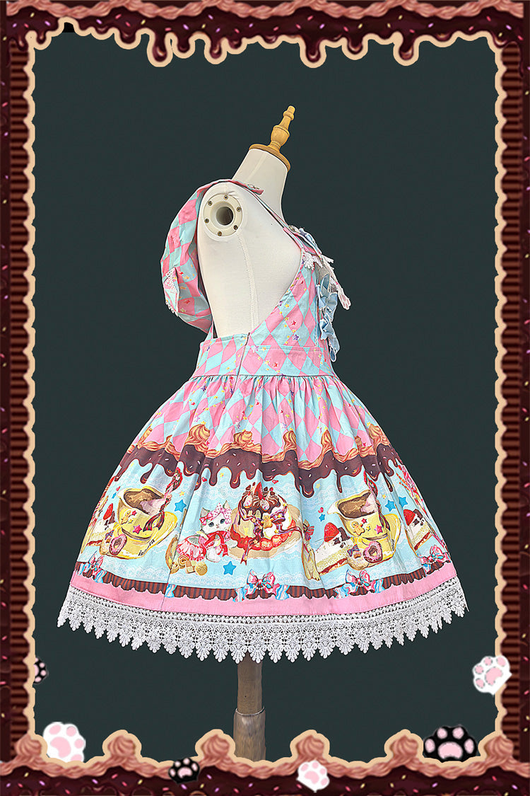 [Cream Meow] Sleeveless Print Bowknot Hooded Sweet Lolita Strap Dress 3 Colors - Product - 11