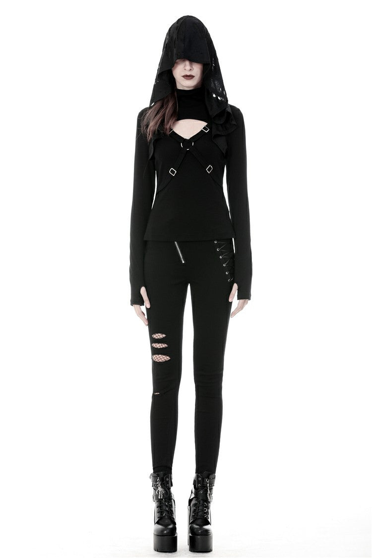 Black Women's Punk Long Sleeves Cut-Out Cross Connection Front Hooded Top - Product - 5