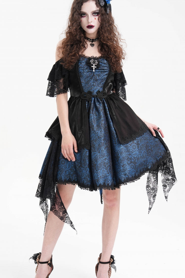 Blue Halterneck Lace Lace-Up Irregular Hem Women's Gothic Dress - Blue - 1