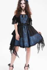 Blue Halterneck Lace Lace-Up Irregular Hem Women's Gothic Dress - Blue - 1