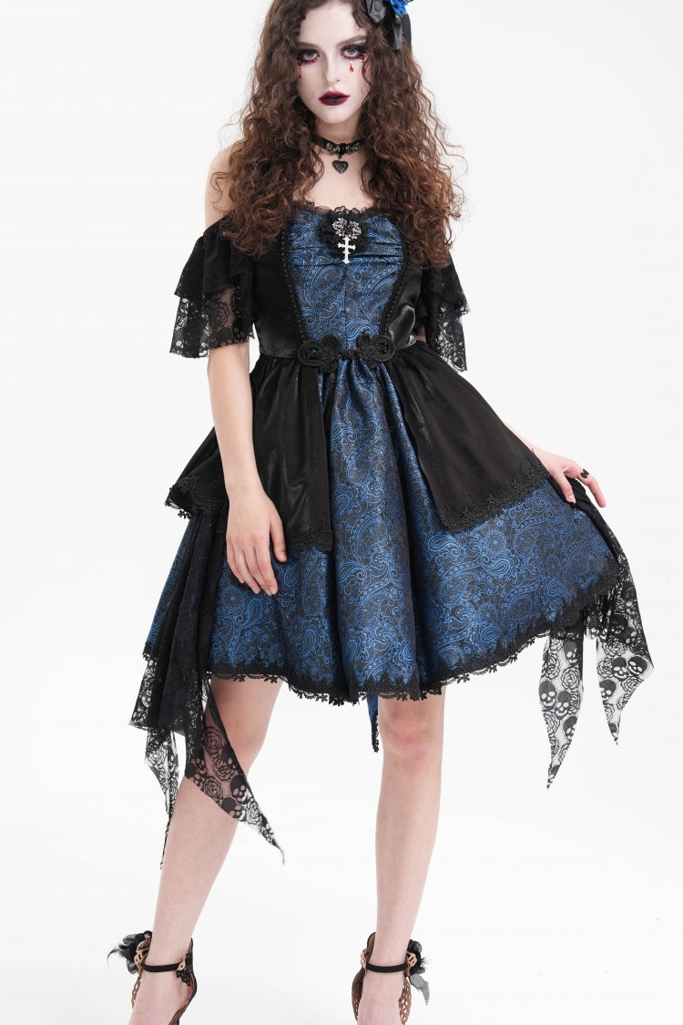 Blue Halterneck Lace Lace-Up Irregular Hem Women's Gothic Dress - Blue - 1