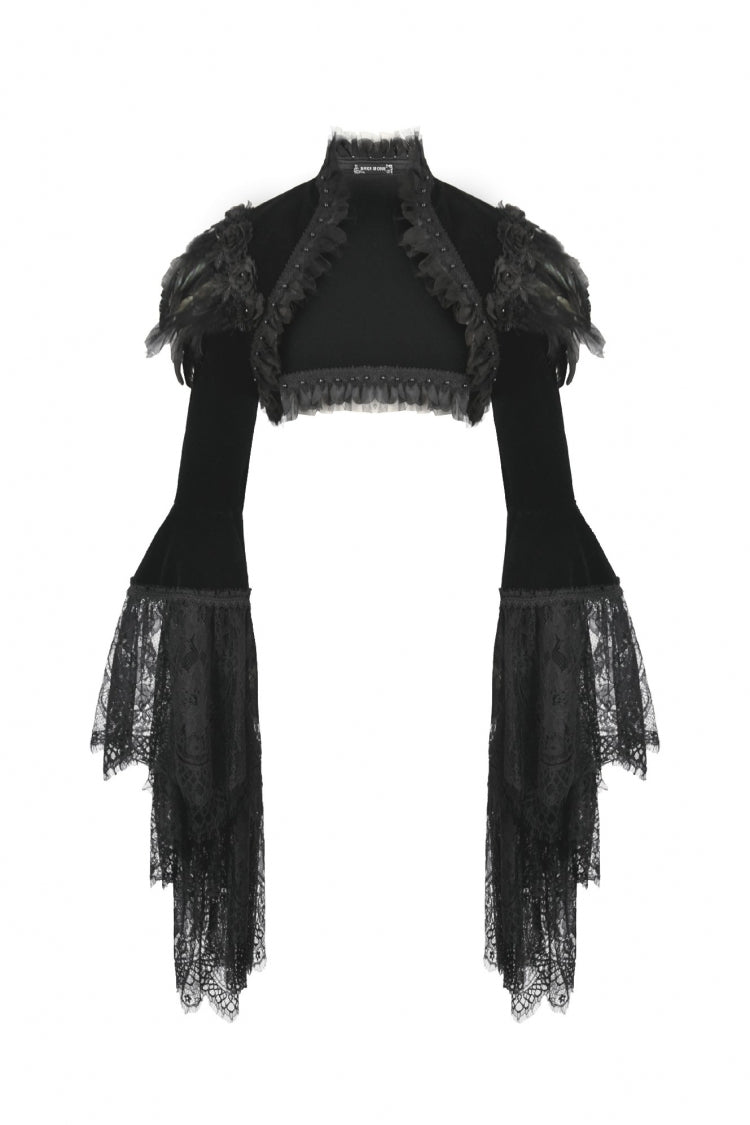 Black Lace Spliced Velvet Long Flared Sleeves Floral Feather Women's Gothic Cape - Product - 3