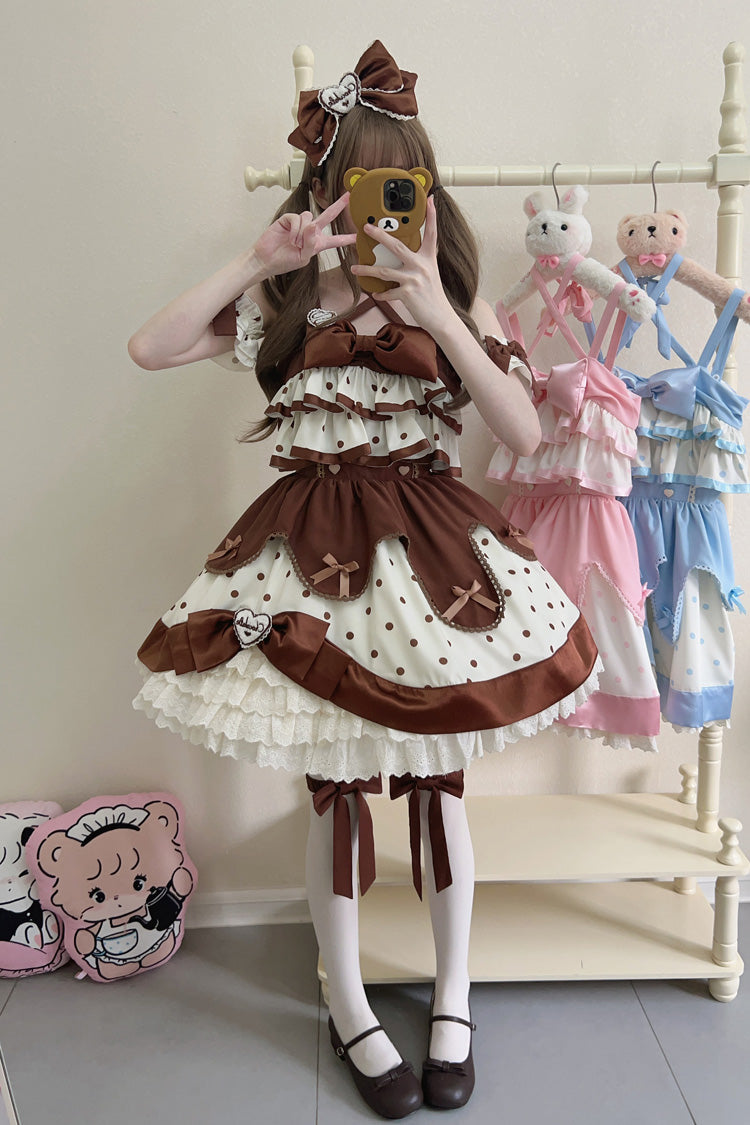 Chocolate Brown Cream Multi-Layered Polka Dots Print Ruffle Bowknot Sweet (Dress Only) detail view 4