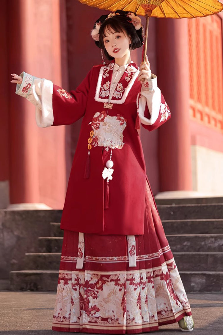 Red Classic Chinese Style V Collar Embroidery Long Sleeves Womens Hanfu Three Piece - Product - 2