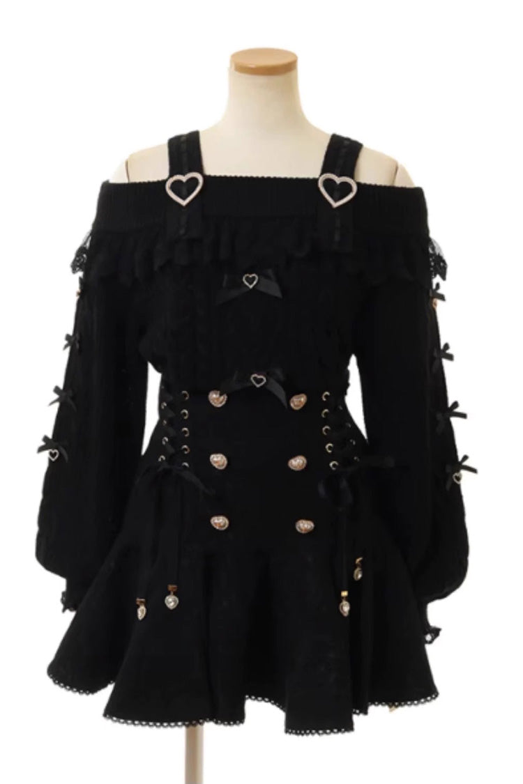 Black Japanese Bowknot Double Breasted  Lace-Up Sweet Jirai Kei Skirt - Black - 1