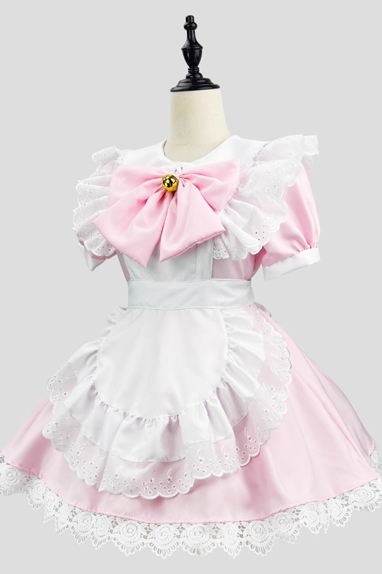 Maid Short Sleeves Ruffle Bowknot Sweet Plus Size Lolita Dress Full Set 2 Colors - Pink - 4