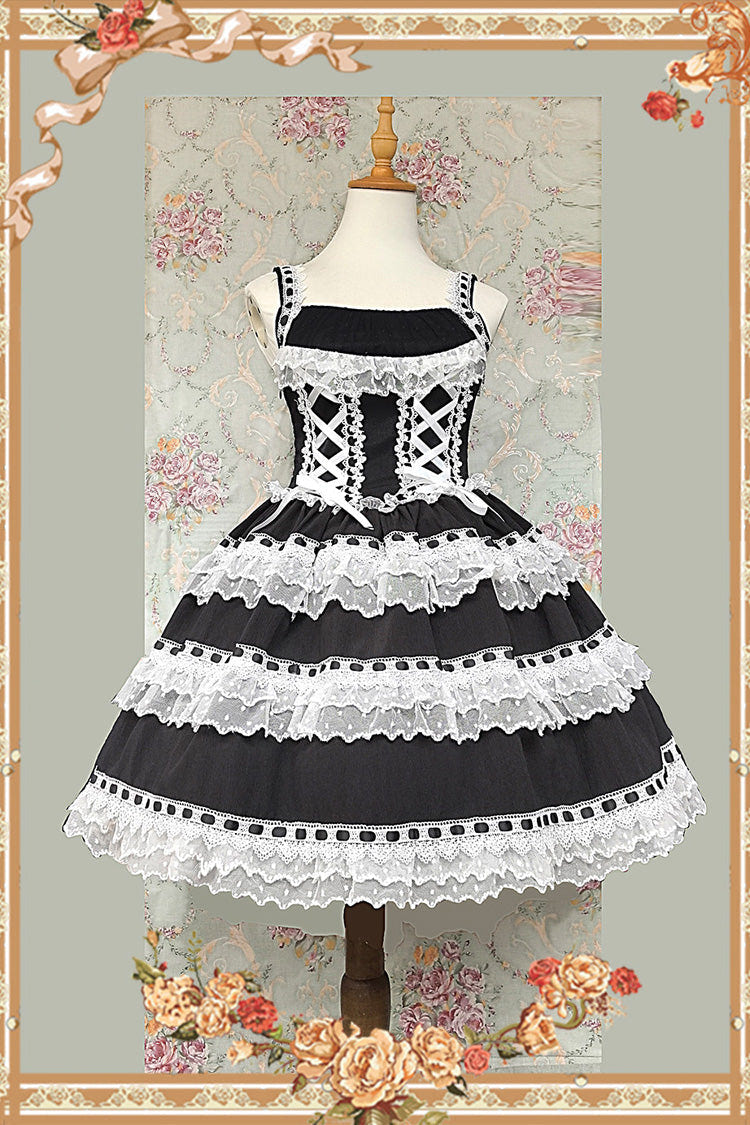 Black/White [Doll in the Mirror] Square Collar Sleeveless Ruffled Lace-Up Sweet Lolita Jsk Dress - Product - 2