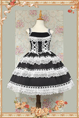 Black/White [Doll in the Mirror] Square Collar Sleeveless Ruffled Lace-Up Sweet Lolita Jsk Dress - Product - 2