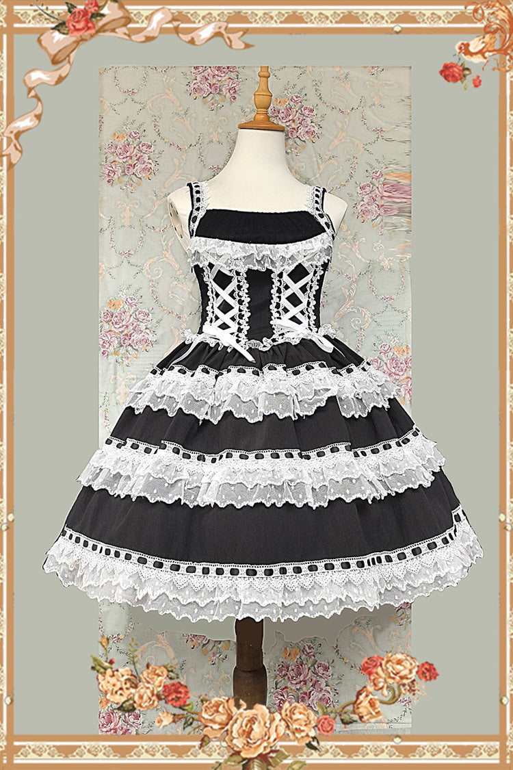 Black/White [Doll in the Mirror] Square Collar Sleeveless Ruffled Lace-Up Sweet Lolita Jsk Dress - Product - 2