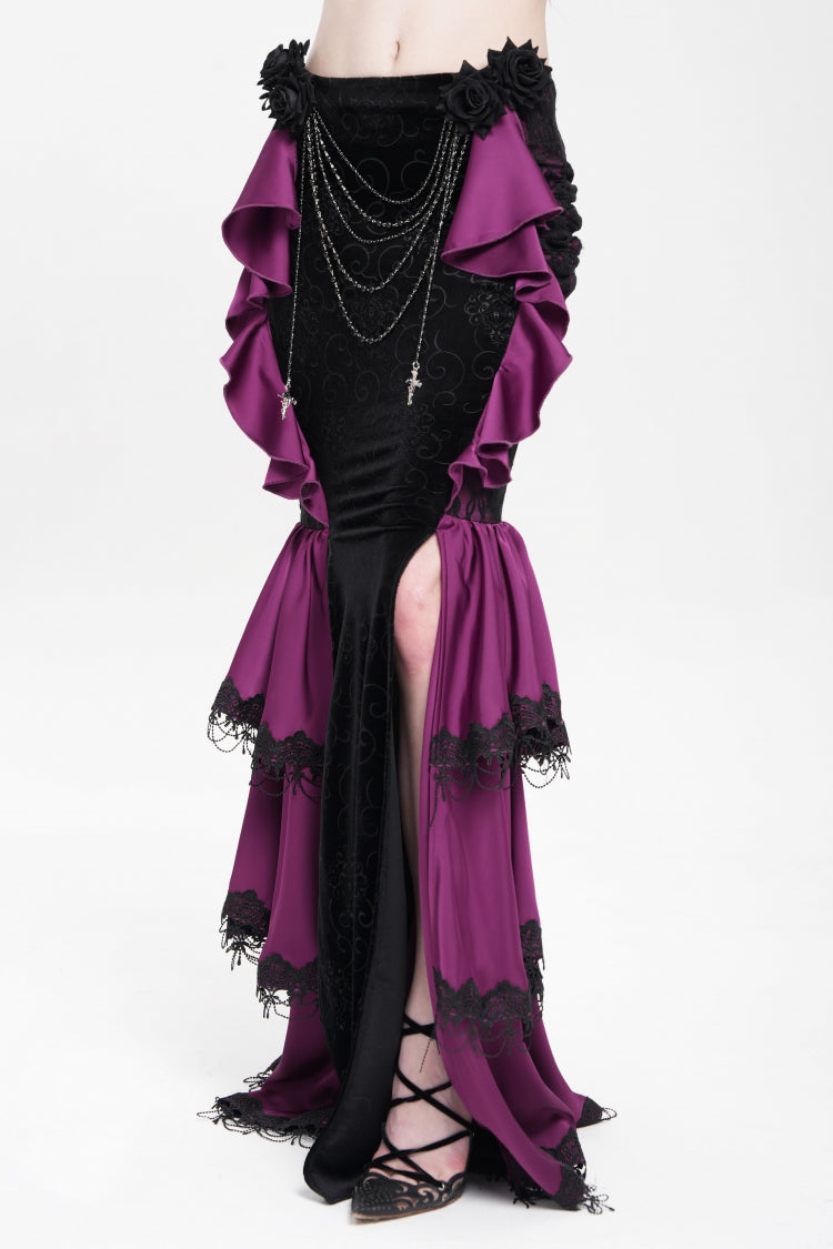 Purple Floral Print Lace-Up Rose Chain Women's Gothic Fishtail Skirt - Product - 4