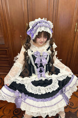 Black/Purple [Prelude of Ribbons] Square Collar Sleeveless Jacquard Ruffled Open-Front Bow Lace Pearl Detail Floral Wall Plus Size Sweet Lolita Jsk Dress - Product - 4