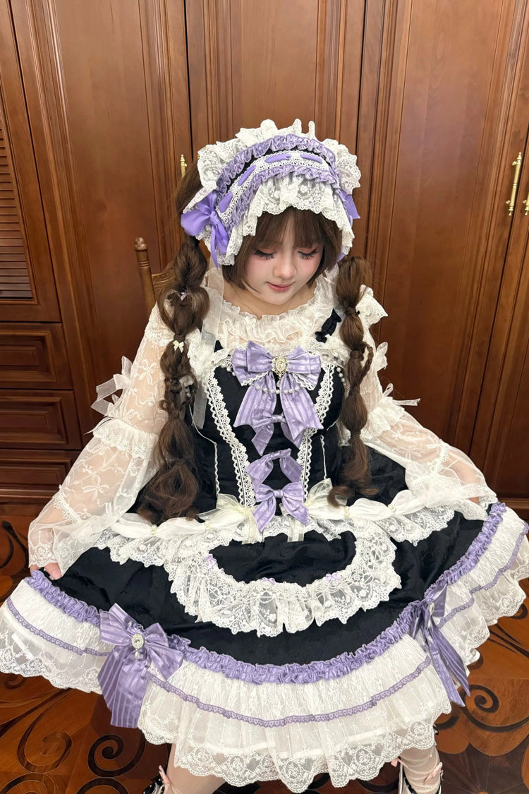 Black/Purple [Prelude of Ribbons] Square Collar Sleeveless Jacquard Ruffled Open-Front Bow Lace Pearl Detail Floral Wall Plus Size Sweet Lolita Jsk Dress - Product - 4