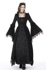 Black Square Collar Long Hime Sleeves Embroidered Lace Spliced Women's Gothic Maxi Wedding Dress - Product - 8