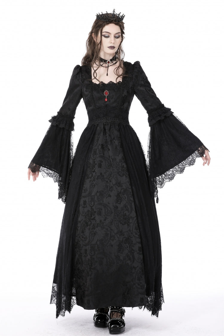 Black Square Collar Long Hime Sleeves Embroidered Lace Spliced Women's Gothic Maxi Wedding Dress - Product - 8