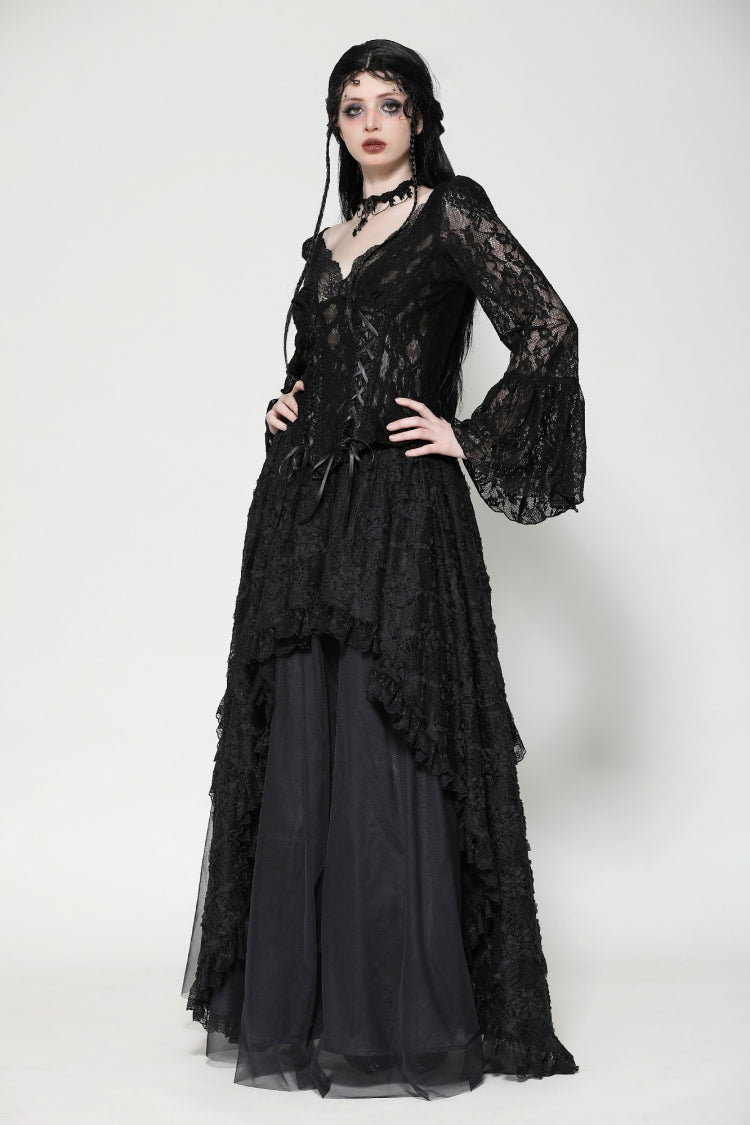 Black Deep V Collar Long Trumpet Sleeves Lace Lace-Up Women's Gothic Corset Top - Product - 9