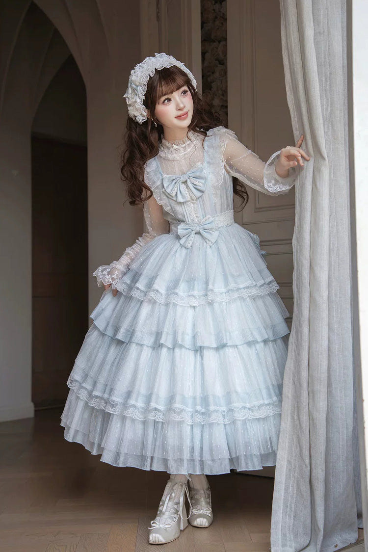 Blue [Aegean] Square Collar Flutter Sleeves Multi-Layered Ruffled Bow Sweet Lolita Jsk Dress Set - Product - 4