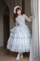 Blue [Aegean] Square Collar Flutter Sleeves Multi-Layered Ruffled Bow Sweet Lolita Jsk Dress Set - Product - 4