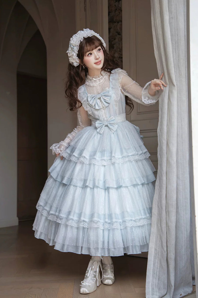 Blue [Aegean] Square Collar Flutter Sleeves Multi-Layered Ruffled Bow Sweet Lolita Jsk Dress Set - Product - 4