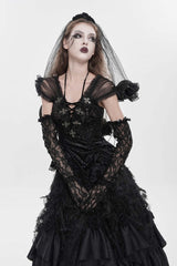 Black V Collar Short Sleeves Embroidered Lace Lace-Up Slim Women's Gothic Top - Product - 2