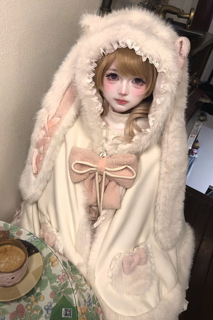 Ivory Cloud-Like Plush Bunny Ear Embroidered Bow Lace Sweet Lolita Cape Coat - Product - 7