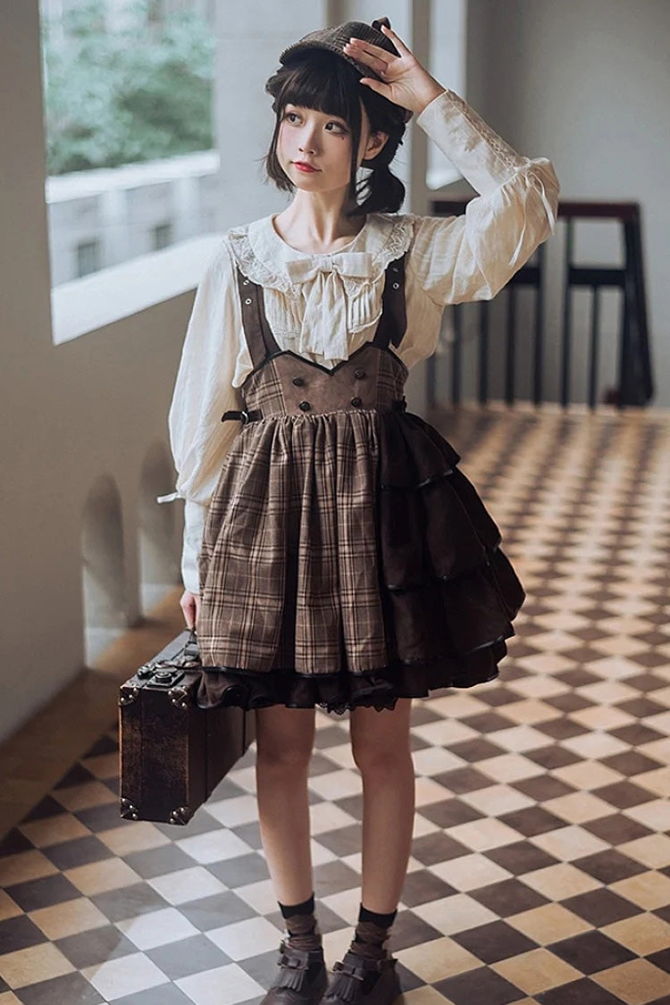 Brown Sherlock Detective Ruffle Color Matching Gothic Lolita Strap Skirt - Product - 7