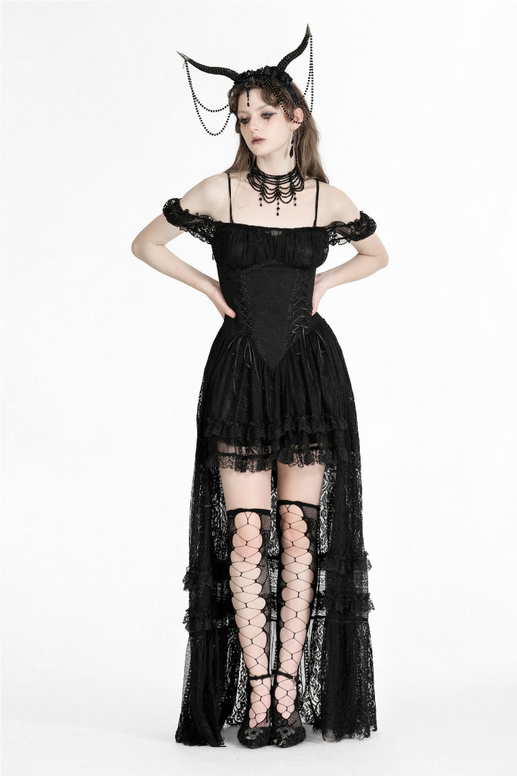 Black Off Shoulder Short Flutter Sleeves Lace-Up Lace High/Low Women's Gothic Prom Slip Dress - Product - 10