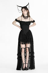 Black Off Shoulder Short Flutter Sleeves Lace-Up Lace High/Low Women's Gothic Prom Slip Dress - Product - 10