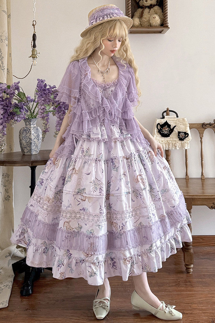 Purple [Pea Squirrel] Sleeveless Multi-Layered Pastoral Print Ruffle Embroidery Lace Sweet Elegant Lolita Jsk Dress - Purple - 1