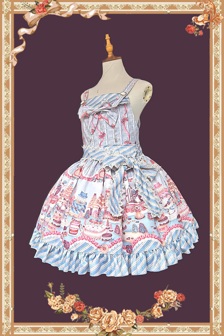 Blue [Candy House] Square Collar Sleeveless Printed Ruffled Bow Sweet Lolita Strap Dress - Product - 2