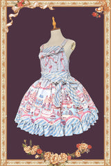Blue [Candy House] Square Collar Sleeveless Printed Ruffled Bow Sweet Lolita Strap Dress - Product - 2