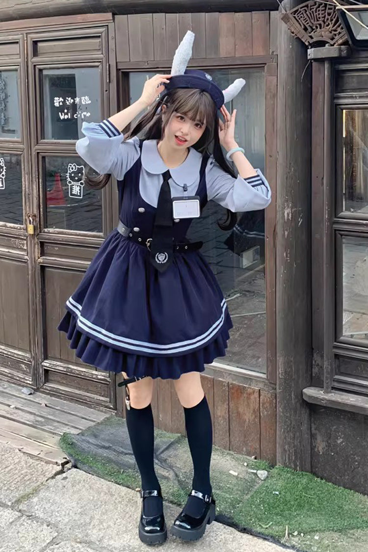 Blue [Rabbit Officer] Long Sleeves Printed Ruffled Faux Two-Piece College Style Sweet Lolita Dress - Product - 6