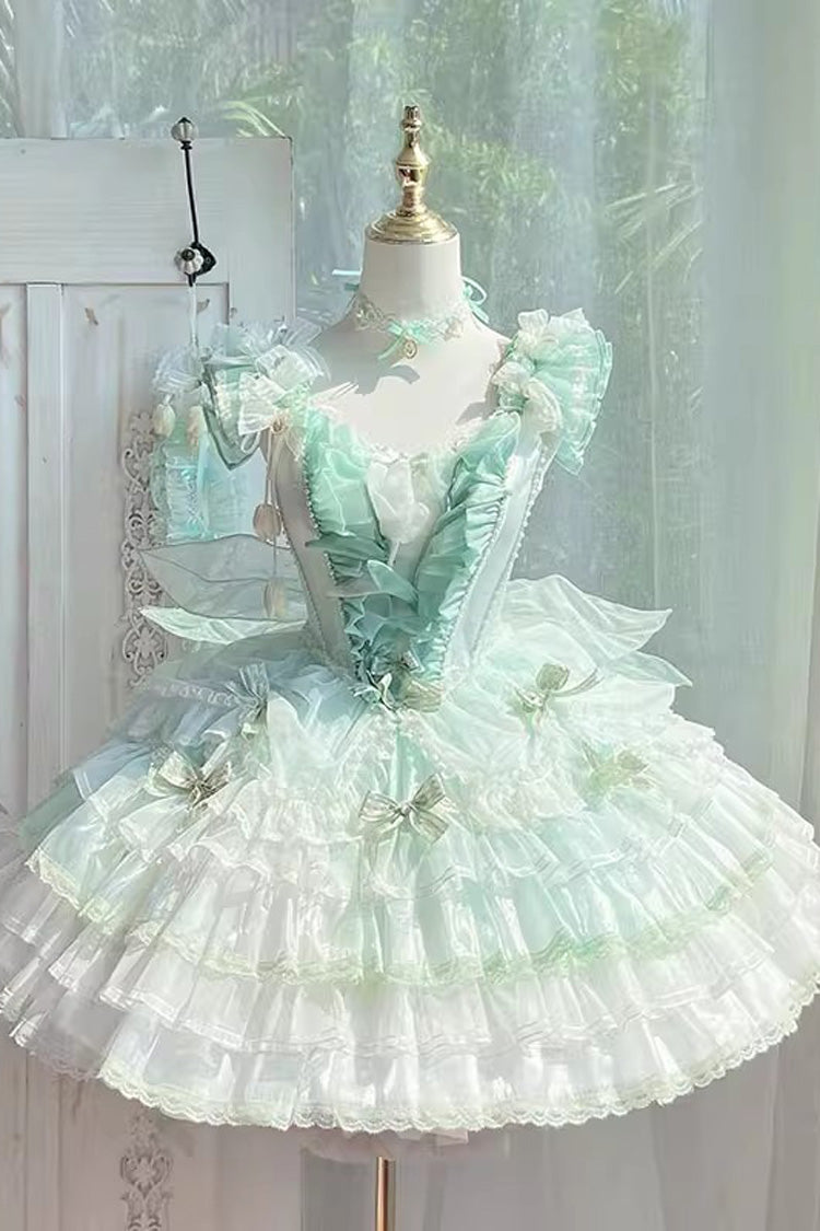 Green [Tulip and Wind Chime] Multi-Layered Ruffle Bowknot Lace Sweet Gorgeous Lolita Jsk Dress - Product - 2