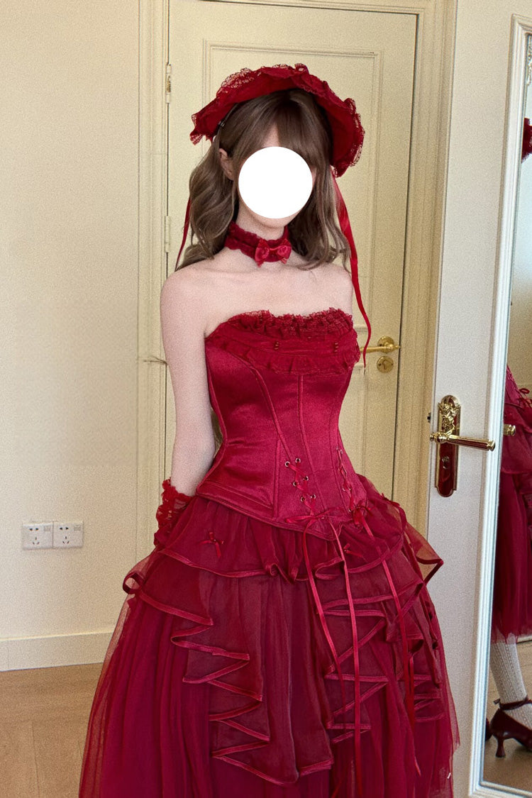 Red [The Summer Waves Sparkle] Square Collar Sleeveless Multi-Layered Ruffled Bow Lace-Up Slim Classic Lolita Skirt Set - Product - 5