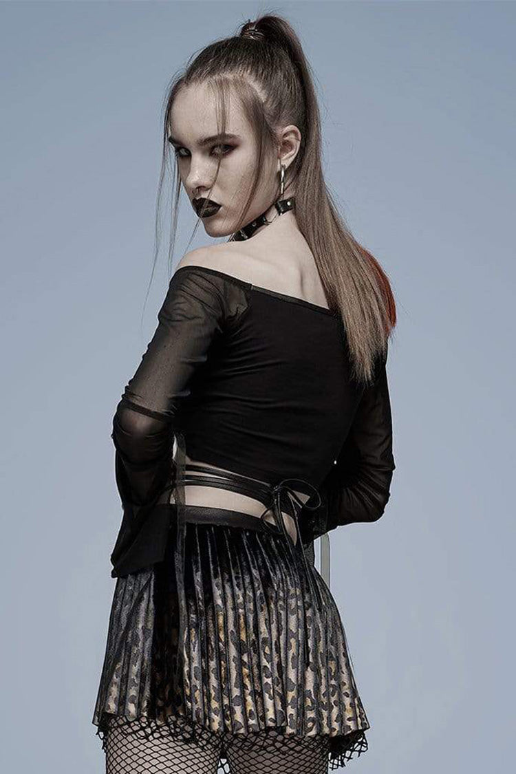 Black Gothic Elasticity Cotton Hollow Buttonhole Strap Design Slash Neck Women's T-Shirt - Product - 3