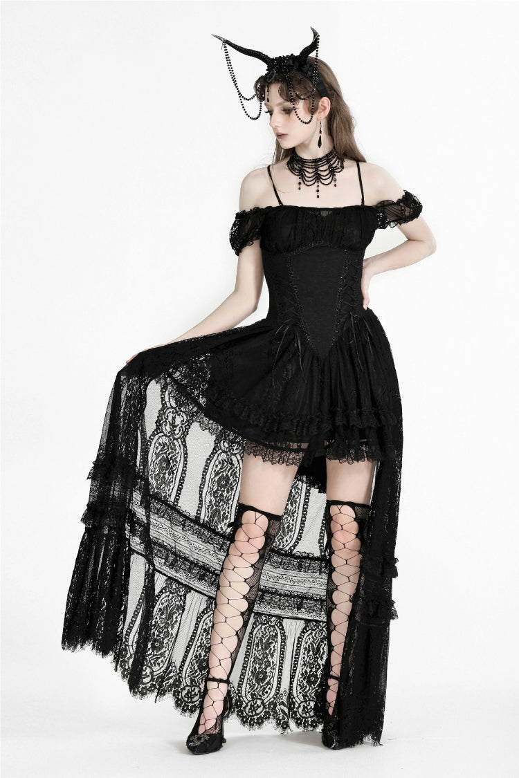 Black Off Shoulder Short Flutter Sleeves Lace-Up Lace High/Low Women's Gothic Prom Slip Dress - Product - 8
