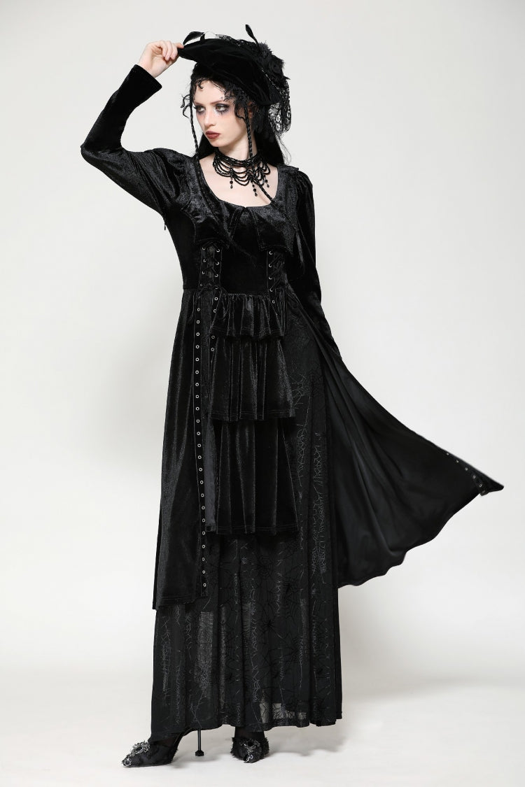 Black Long Sleeves Eyelets Side Slit Women's Gothic Maxi Dresses Wedding Dress - Black - 1
