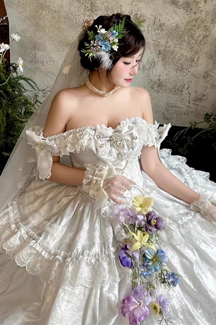 [White Moonlight Lover] Romantic Commemorative Ceremony Sleeveless Ruffled Bow Lace Lace-Up Sweet Elegant Lolita Strapless Dress 3 Colors - Product - 8
