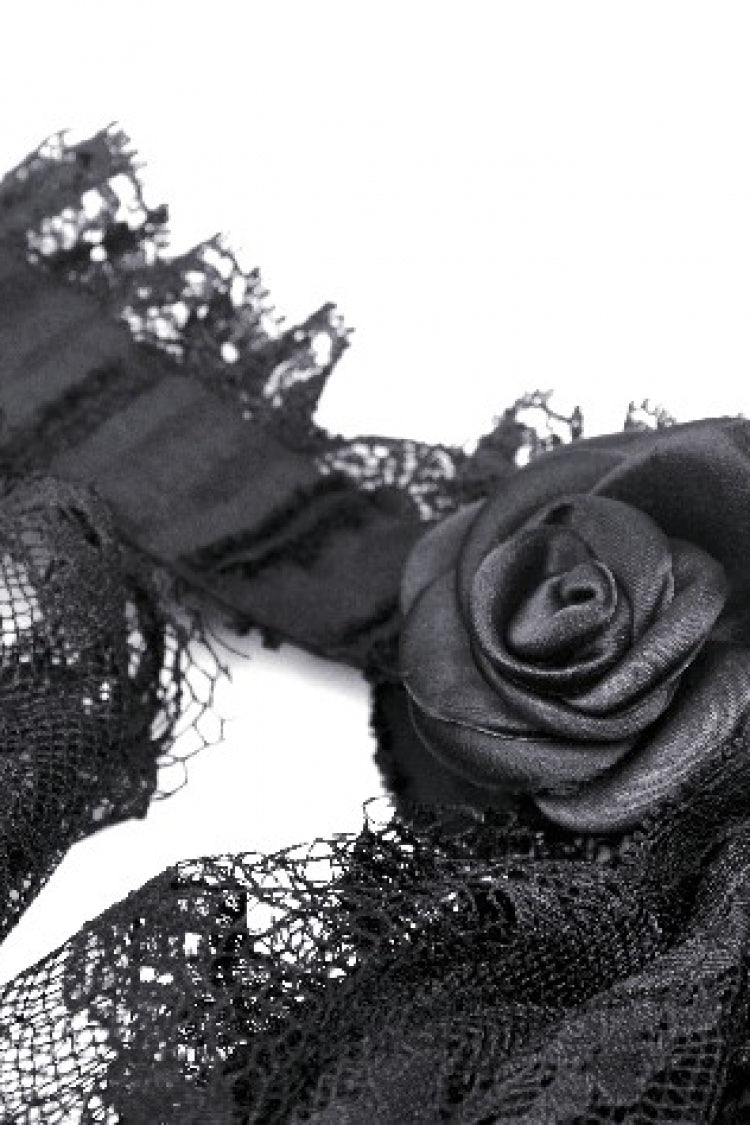 Black Stand Collar Ruffled Short Sleeves Lace Spliced Women's Gothic Blouse - Product - 12