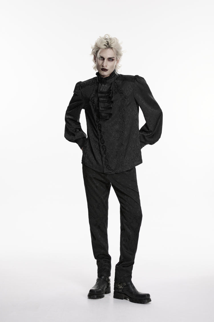 Black Stand Collar Long Lantern Sleeves Jacquard Embroidered  Men's Gothic Palace Shirt with Detachable Tie - Product - 6