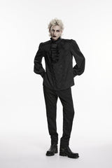 Black Stand Collar Long Lantern Sleeves Jacquard Embroidered  Men's Gothic Palace Shirt with Detachable Tie - Product - 6