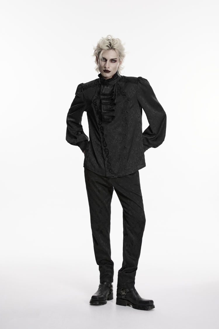 Black Stand Collar Long Lantern Sleeves Jacquard Embroidered  Men's Gothic Palace Shirt with Detachable Tie - Product - 6