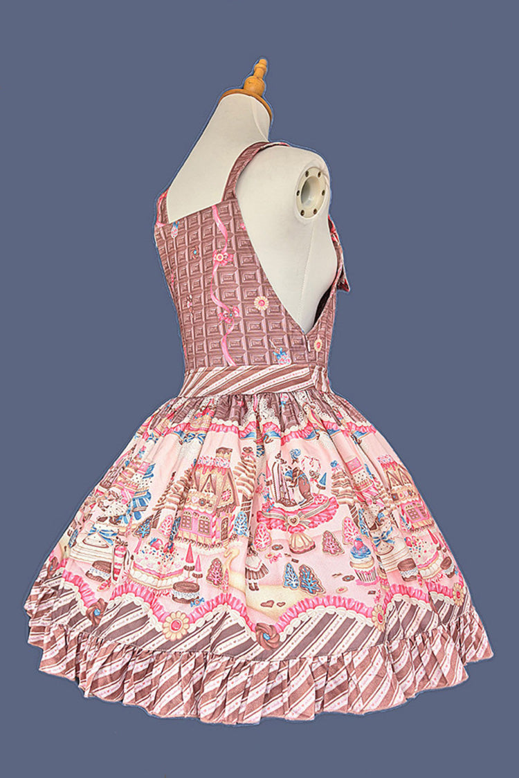 Brown/Pink  [Candy House] Square Collar Sleeveless Printed Ruffled Bow Sweet Lolita Strap Dress - Product - 2