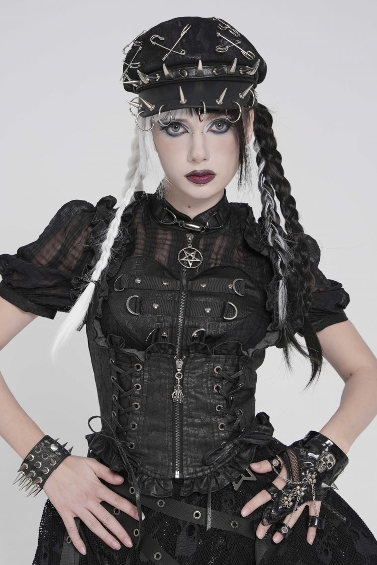 Black Bow Lace-Up Slim Zippered Women's Gothic Swallow-tailed Vest - Product - 9