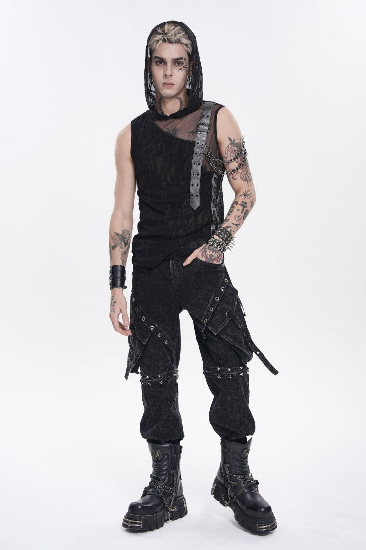 Black Hooded Sheer Asymmetric Chain-Decorated Men's Punk Hooded Vest - Black - 1
